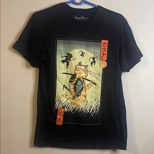 Threadless Samurai Cat Graphic Tee Black Small